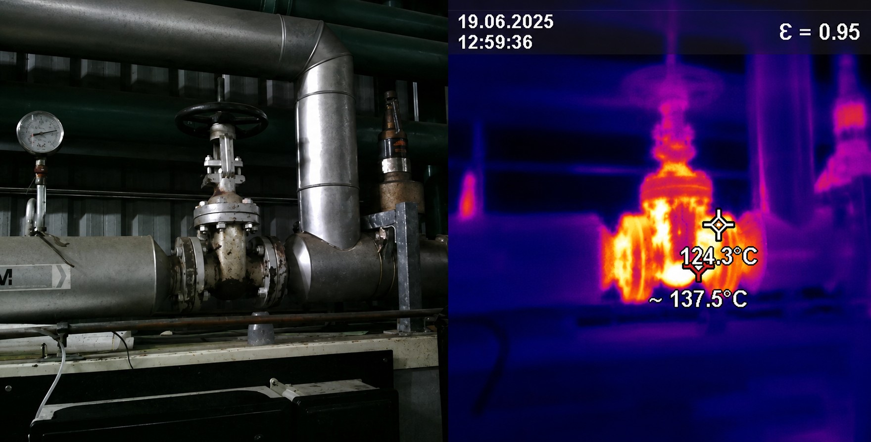 Side-by-side photo and thermal image of an uninsulated steam system valve showing 137°C surface heat